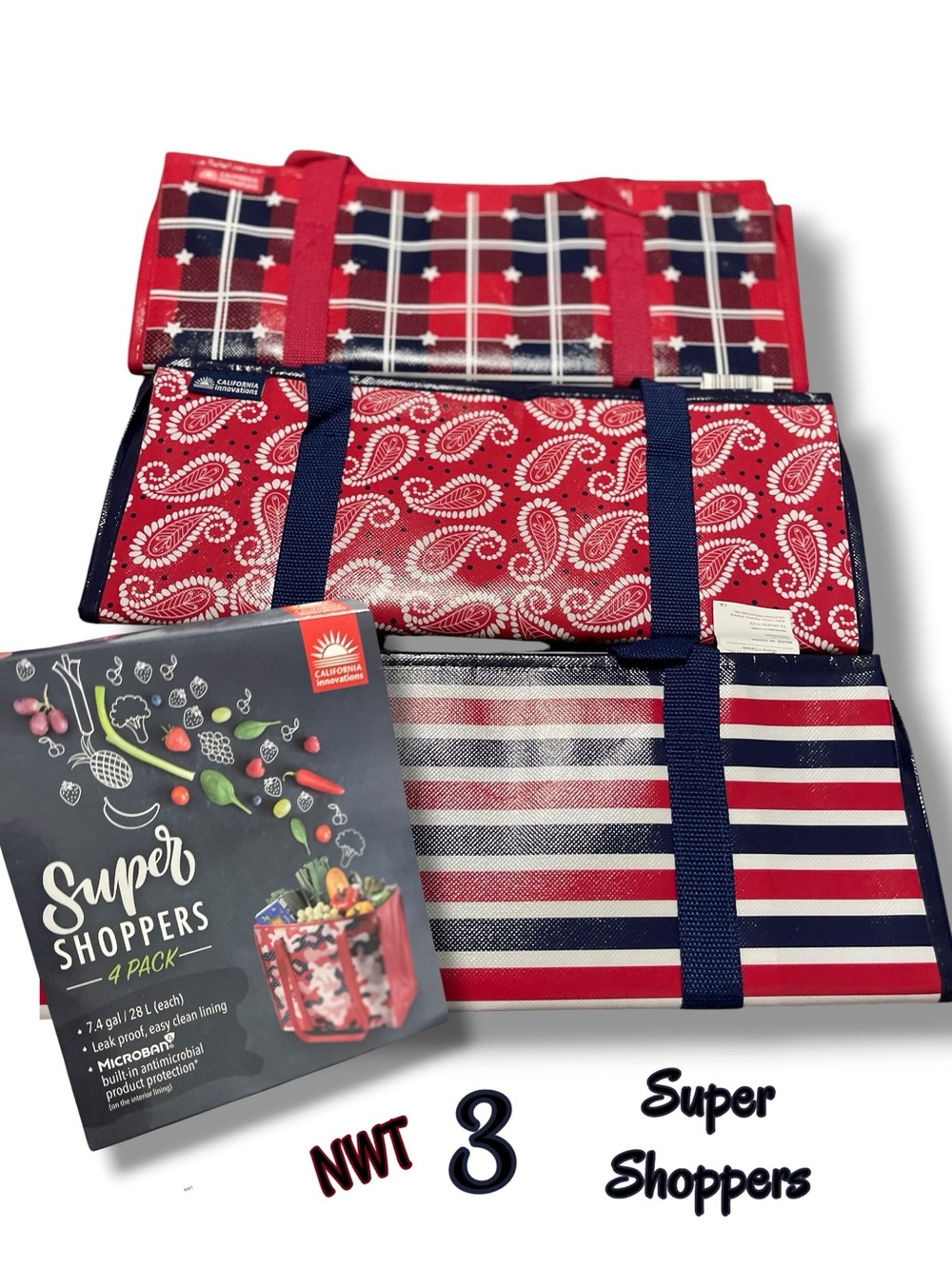 NWT California Innovations Super Shoppers Reusable Tote Bags Americana 3-Pack